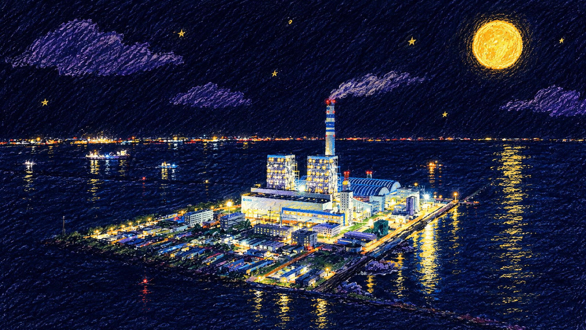 将这张海中央电厂夜景照片转换为蜡笔手绘风格，背景天空颜色更深，… - 图片创意预览