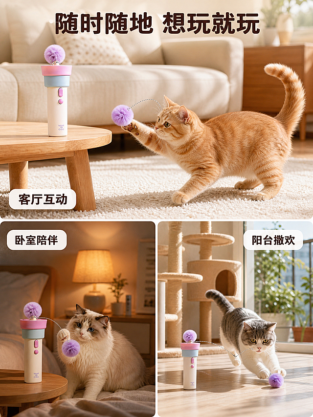 [主图-4] 电动逗猫器多场景使用展示图
[氛围风格] 生活化场景风 温馨真实 猫咪自然状态
[画质] 商业摄影质感 场景真实自然 光线柔和 超高清
[元素] 画面采用一大两小的场景宫格布局：上方大场景展示客厅沙发旁，一只橘猫在地毯上兴奋地扑向逗猫器弹出的毛球，逗猫器放在矮茶几上；左下小场景展示卧室床边，夜晚暖光下一只布偶猫坐在床上玩逗猫器；右下小场景展示阳台阳光里，一只英短猫在猫爬架旁追着毛球跑。三个场景都有逗猫器出现，产品清晰可辨。背景为暖色调家居环境，充满生活气息。保持逗猫器产品外观与输入产品图完全一致，杜绝变形和色差，每个场景中的产品都要清晰。
[光影] 大场景为午后自然光，温暖明亮；左下小场景为暖黄台灯光，温馨夜晚感；右下小场景为阳台阳光，明亮通透。每个场景都有独立的自然光影，产品光影与场景融合。
[配色] 主背景色系：暖木色+米白（大场景），各小场景有各自环境色但整体统一在暖色调；辅助色：马卡龙粉、蓝；强调色：淡紫毛球；卡片/图标色：白色圆角分隔线；标题色：深棕色。沿用首图色板。
[视角构图] 宫格拼图布局，上方大图占60%面积，下方两小图各占20%；用细白色圆角线条分隔；每个场景都是平视视角，猫咪自然动态。
[文字版式] 画面顶部居中主标题"随时随地 想玩就玩"，深棕色圆润粗体大字；每个小场景角落有小标签：大场景标签"客厅互动"，左下标签"卧室陪伴"，右下标签"阳台撒欢"。标签为白色圆角底+深棕色小字，不遮挡产品和猫咪。
[输出要求] 3:4比例，文字清晰锐利，超高清商业摄影质感
[负向提示词] 变形 文字错乱 产品模糊 背景杂乱 水印 电商平台Logo 猫咪肢体扭曲 面部畸形 穿模