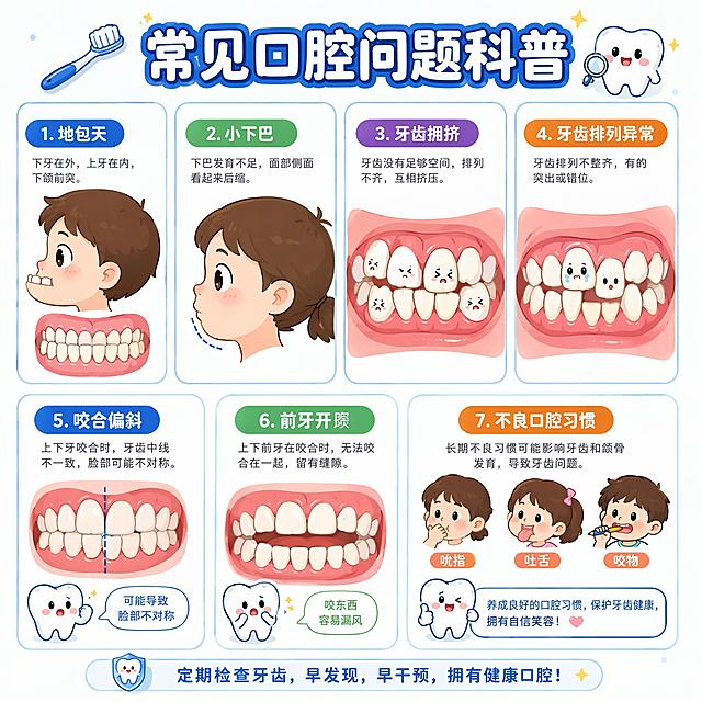生成一组卡通牙齿口腔问题科普示意图，分别展示地包天、小下巴、牙齿拥挤、牙齿排列异常、咬合偏斜、前牙开𬌗、不良口腔习惯的口腔卡通形象，风格清晰易懂，适合科普宣传，卡通可爱风格