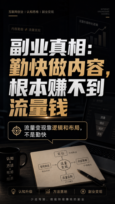 小红书封面图，主标题为"副业真相：勤快做内容，根本赚不到流量钱"，副标题是"流量变现靠逻辑和布局，不是勤快"，整体风格是互联网知识分享博主风，深色商务背景，标题文字醒目突出，排版简洁高级，适合自媒体干预览效果