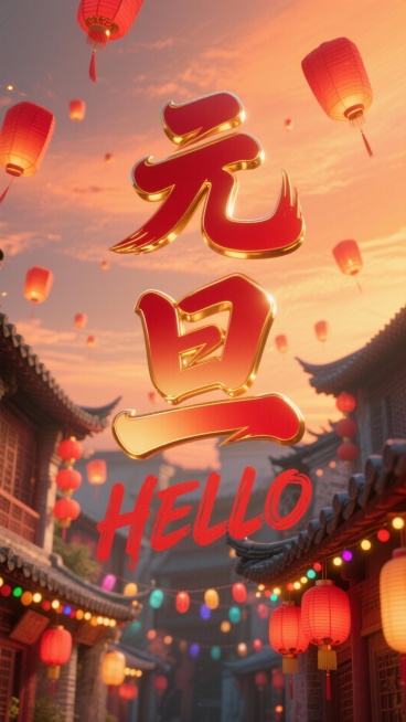 画面中央是红金渐变灯笼字 “元旦”，下方搭配暖红色手写体 “HELLO”，背景是暖橙色黄昏天幕，点缀着漂浮的红色纸灯笼，底部还有挂满彩灯的老街屋檐光斑预览效果
