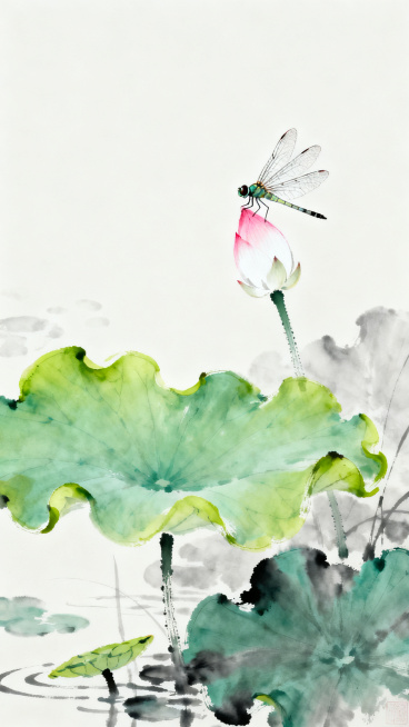 立夏节气主题水墨画，传统中国水墨风格，画面表现初夏新荷初放、蜻蜓立上头，清新淡雅，水墨笔触写意，构图空灵，充满夏日生机，适合竖版展示预览效果