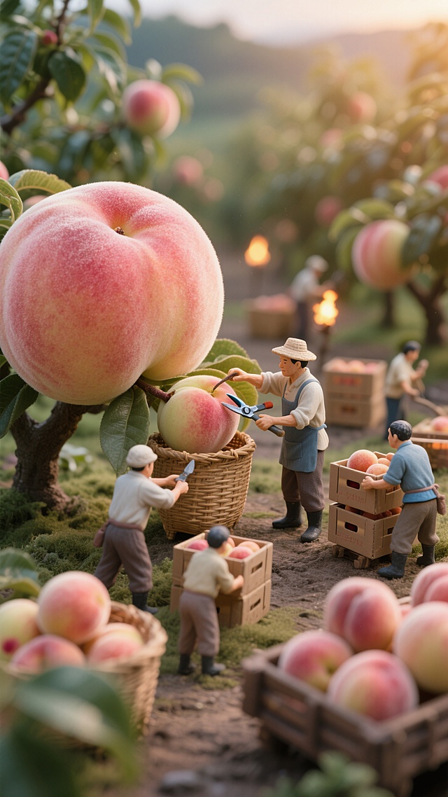 一个古代桃子果园，巨大的桃子和迷你的果农，一些人微型工具小心翼翼地将桃子剪下，一些人负责把桃子放进竹筐内。一个团队负责搬运，另一边负责把桃子摆放整齐桃子装箱，温暖的火光色调凸显了质朴的质感。