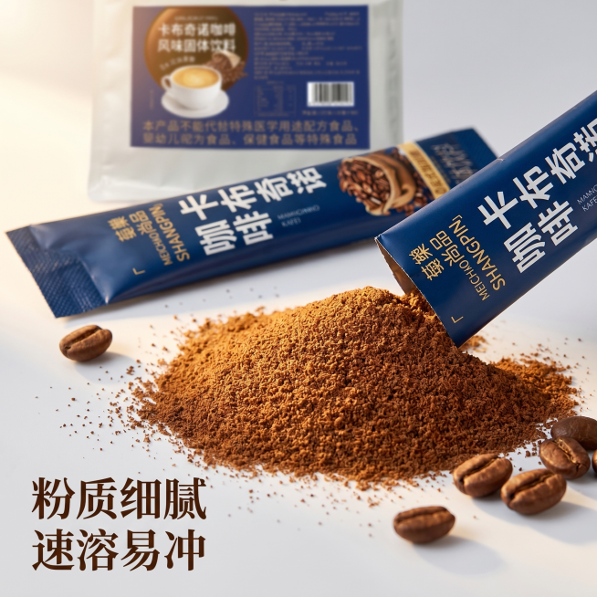 [主图 3] 卡布奇诺咖啡粉质细节特写
[氛围风格] 暖调氛围感商业美食摄影，高级带货风格
[画质] 商业摄影质感、光线柔和通透、产品清晰真实、画面干净高级，保持莓巢尚品卡布奇诺咖啡产品外观（物理结构预览效果