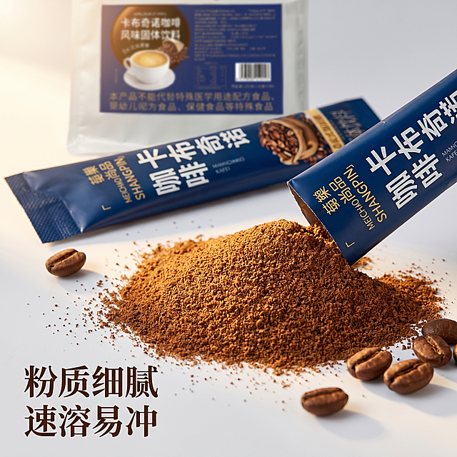 [主图 3] 卡布奇诺咖啡粉质细节特写
[氛围风格] 暖调氛围感商业美食摄影，高级带货风格
[画质] 商业摄影质感、光线柔和通透、产品清晰真实、画面干净高级，保持莓巢尚品卡布奇诺咖啡产品外观（物理结构、材质质感、颜色）与输入产品图绝对一致，杜绝任何变形和色差，精细化处理
[元素] 特写展示拆开的条装咖啡倒出的细腻咖啡粉，完整独立条放在咖啡粉堆后侧，背景浅虚化展示袋装产品本体，几颗完整咖啡豆散落咖啡粉周围。商品主体占比严格控制在70%左右，画面满屏无边框
[光影] 自然暖阳逆光，突出咖啡粉细腻均匀的粉质纹理，通透有层次，质感细腻
[配色] 浅灰色极简背景，突出暖棕色咖啡粉和深蓝色包装对比
[视角构图] 微距特写视角，景深较浅，突出粉质细节
[文字版式] 左下角标注卖点「粉质细腻 速溶易冲」，深棕色字体清晰不遮挡主体
[比例分辨率] 1:1 比例，2k分辨率；文字清晰锐利，画面超高清
[负向提示词] 变形，水印，文字错乱，产品图模糊，背景杂乱，色差