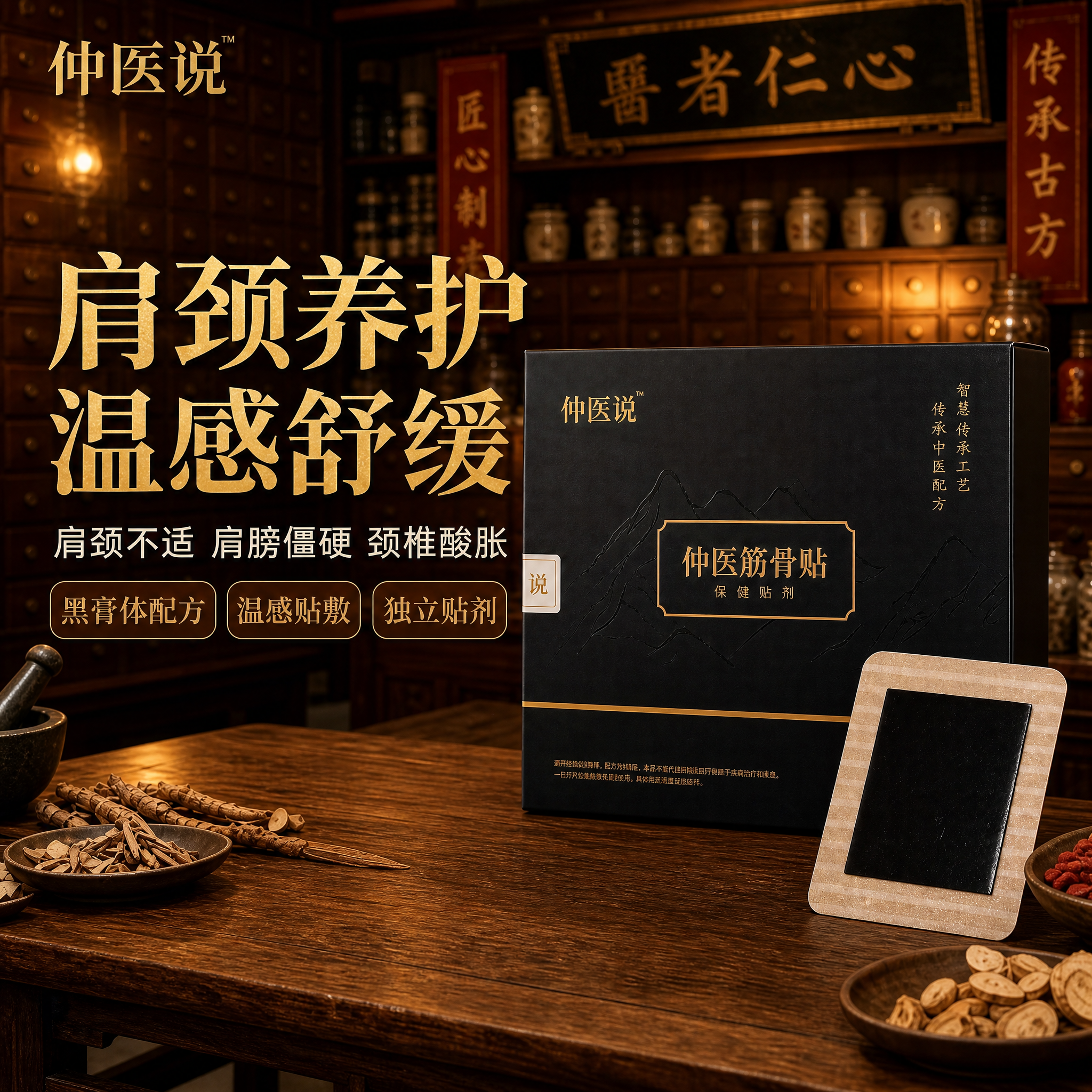 淘宝电商主图首图，1:1比例，仲医筋骨贴肩颈养护主题主图。画面… - 图片创意预览