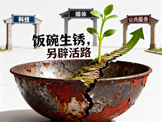 一个特写镜头下的象征性静物。一个传统的铁饭碗已破裂，铁锈正从裂缝蔓延。然而，从最大的裂缝中，鲜绿的幼苗正向上生长，形成一个上升箭头或小路的形状。在此背景后，是三个模糊但清晰可辨的门廊或路标，分别标着“科技”、“媒体”、“公共服务”。粗壮的中文文案“饭碗生锈，另辟活路”融入构图，可以是碗上的标签，或悬浮于幼苗旁。风格为概念摄影，戏剧化打光，高细节，主题是衰败与新生。