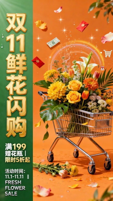 整体构图采用左右布局，右侧为视觉主体，左侧为文字信息区。主色调为橙色系，搭配绿色形成鲜明对比，展现大自然的丰富色彩。背景漂浮花瓣、水滴、优惠券与红包，点缀细碎星光与光晕。右侧视觉主体是一辆质感金属购物预览效果