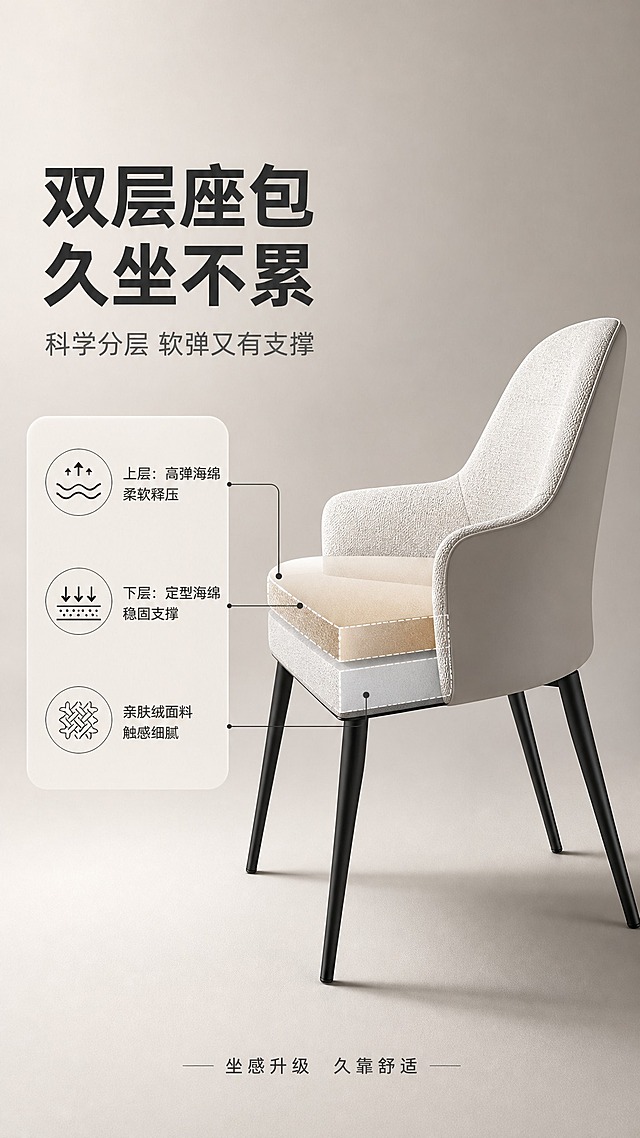 [商品] 使用【图1】DY-8827A米灰色餐椅；保留整体外观、米灰色座包、碳素钢底架；座包部分做半透明分层示意，展示双层座包内部结构，外层保留真实面料质感，不改变外部版型。
[画面] 目标：结构内芯解析，证明双层座包的支撑与舒适。左文右图构图，左侧约2/5文案区，右侧座包分层结构示意图。产品侧视角度，座包区域用虚线分层标注，展示上层软弹层+下层支撑层的双层结构。背景为浅灰色渐变，突出结构示意。
[视觉] 套系策略：风格=现代轻奢家居商业摄影；标题字=现代无衬线粗体；正文字=简洁无衬线体；主色=米灰暖调；背景延展=基于米灰做深浅层级、同色渐变和细腻墙面/织物质感；强调色=深炭灰（金属色），仅用于小面积图标、引线和标签；标题色=深炭灰；正文色=中暖灰；组件=圆角浅底信息卡、细线引线、金属质感icon；光影=右前侧暖柔光，柔和阴影。
[文字] 左侧主标题「双层座包 久坐不累」（8字），副标题「科学分层 软弹又有支撑」（10字）。右侧分层引线标注：「上层：高弹海绵 柔软释压」「下层：定型海绵 稳固支撑」「亲肤绒面料 触感细腻」。底部小字「坐感升级 久靠舒适」。
[规格] 图片比例9:16竖版，4K，避免变形、错字、文字过小、冷蓝背景、产品颜色改变、结构失真、极限词。