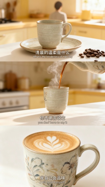 宫格艺术感写真图，横向三宫格，场景为晨光厨房，色调呈浅黄与奶白渐变，有咖啡豆、托盘。画面主体为手绘陶瓷杯，突出温柔感。近景：杯子置于托盘 “背影”，旁有咖啡豆，字幕 “清晨的温柔是什么 ”“ What预览效果