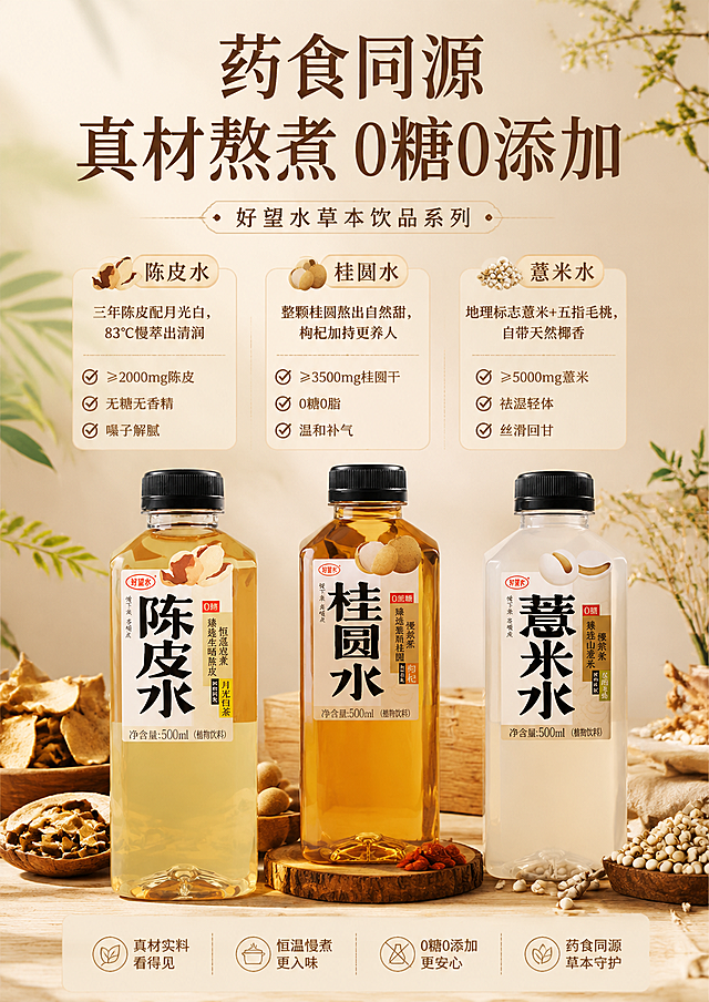 好望水草本饮品系列超市店内教学宣传海报，A4竖版，写实商业摄影风格，新中式温润养生氛围，药食同源真材熬煮主题。画面中三款产品【图1陈皮水】【图2桂圆水】【图3薏米水】全部入画，按顺序阶梯式陈列于画面中下部，产品100%还原上传商品图的产品外形、包装、LOGO、印刷文字、净含量，以上传图为唯一商品主体来源，完整保留原图中的瓶型、轮廓、结构、比例、瓶盖、标签版式、品牌logo、口味文字、容量信息、材质质感、颜色与正面朝向，包装配色与产品结构均与上传图保持一致；正面朝向以品牌与标签主要信息清晰可读为准，设计仅作用于背景、光影、道具、版式和文字区；商品主体占比约55%，文字不遮挡主体。背景为温润米白渐变搭配浅木色与草本植物元素，陈皮、桂圆、薏米等原料作为少量氛围点缀散落在产品周围，柔和侧前方自然光，通透水感光晕，整体清润养生、干净高级。版式精美，顶部主标题区居中，中部为三款产品分栏卖点区，每款产品旁配有对应卖点文字标签，底部留白舒适。主标题文字："药食同源 真材熬煮 0糖0添加"，字体大气醒目。陈皮水卖点："三年陈皮配月光白，83℃慢萃出清润"、"≥2000mg陈皮"、"无糖无香精"、"嗓子解腻"；桂圆水卖点："整颗桂圆熬出自然甜，枸杞加持更养人"、"≥3500mg桂圆干"、"0糖0脂"、"温和补气"；薏米水卖点："地理标志薏米+五指毛桃，自带天然椰香"、"≥5000mg薏米"、"祛湿轻体"、"丝滑回甘"。画面中不出现任何价格信息。画面中所有信息区域、卖点卡片、产品介绍区必须填充完整合理的内容，不得出现空白框、空白占位、横线待填写区域、空列表项、空单元格，确保是完整可用的成品海报而非待填写模板。画面中所有数字"83℃"、"2000mg"、"3500mg"、"5000mg"、"0"必须精确渲染，不得错位、遗漏或编造。整体色调温润自然，米白、浅棕、琥珀黄为主色调，点缀草本绿色，层次分明，质感高级，适合超市店内陈列展示。
