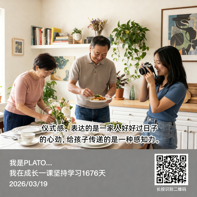 使用第二张图片替换本图上半部分的图像区域，保留下方的文字内容“仪式感，表达的是一家人好好过日子的心劲，给孩子传递的是一种感知力。”，保留底部灰色区域的文字“我是PLATO...我在成长一课坚持学习16预览效果