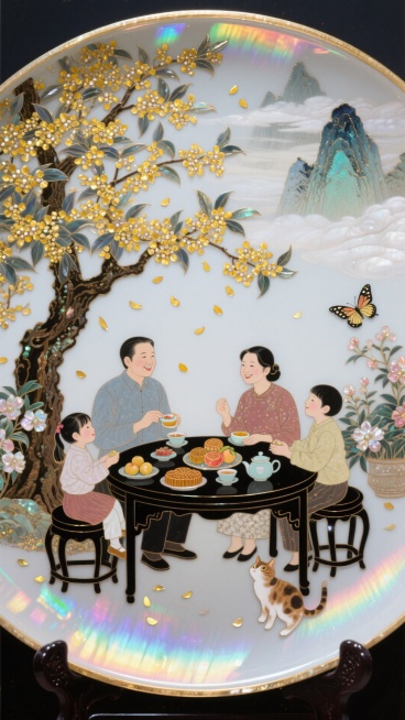 前景：一个大的展示圆盘，一棵大的桂花树开满桂花，枝繁叶茂，树下一家五口（爸爸妈妈和三个孩子，现代人）围坐在桌旁吃月饼喝茶闲聊，其乐融融。
后景：国风远山画面，颜色淡雅。
画质精美，画面元素需要再丰富一预览效果