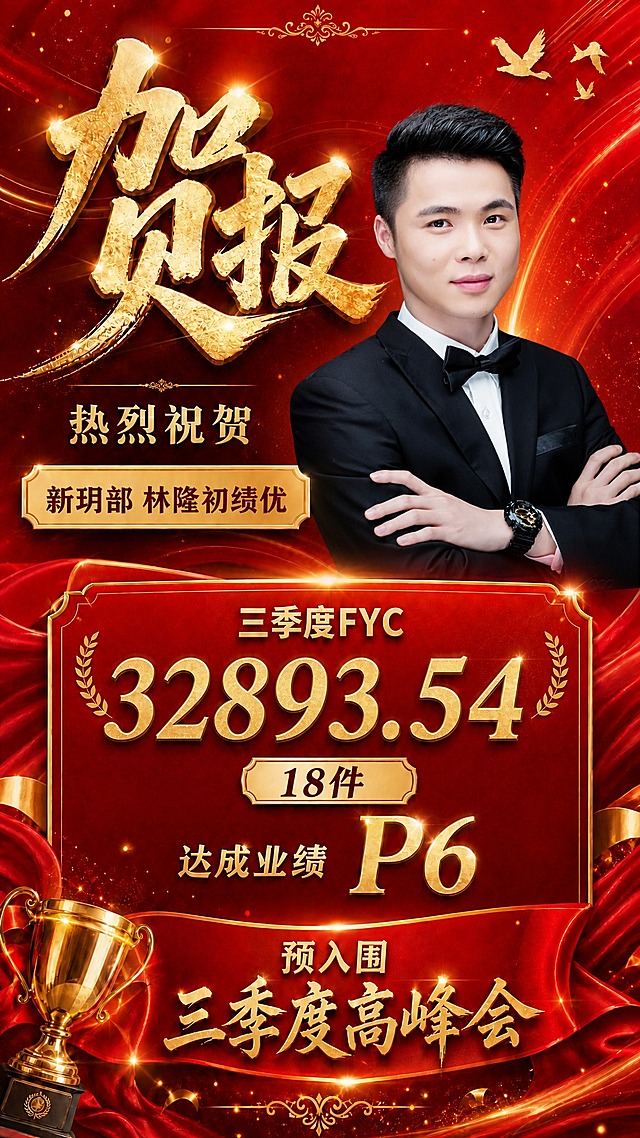 严格按照图1的贺报模板版式进行复刻，保留图1的所有版式结构、红金配色体系、装饰元素（金色飞鸟、金色花纹、丝绸飘带、金色奖杯、金色粒子、光晕效果）和整体氛围，将人物替换为图2中的男性半身照，所有文案替换为本次贺报内容。人物边缘与背景流畅衔接、融合自然，不要有任何二维码或二维码占位符。

竖版9:16寿险业绩贺报海报，红金喜庆商务风格，版式精美。

画面结构（严格按图1版式从上到下）：
1. 顶部：超大金色书法字体主标题"贺报"，金色烫金质感带闪光效果，深红色渐变背景，右上角有三只金色飞鸟，顶部和底部有欧式金色花纹装饰，金色光带和金色粒子点缀
2. 副标题区："热烈祝贺"四个金色大字，下方有金色装饰分隔线
3. 人物形象区：右侧放置图2中的男性半身照（黑色西装搭配黑色领结，白色衬衫，双臂交叉姿态，佩戴黑色手表，商务精英气质），人物自然融入画面，边缘柔和过渡，与红金背景衔接流畅自然，人物大小和位置与图1模板中人物位置对应
4. 中部信息区：左侧金色边框装饰卡片内写"新玥部 林隆初绩优"，红底金字，与图1模板样式一致
5. 业绩数据区：大型金色边框红底卡片，顶部写"三季度FYC"，中间超大金色数字"32893.54"，两侧有金色麦穗装饰，中间金色小标签写"18件"，下方写"达成业绩 P6"（P6为超大金色字体）
6. 底部荣誉区：红色丝绸飘带造型，上面写"预入围 三季度高峰会"金色大字，左下角有金色奖杯装饰，底部有金色花纹和光效装饰

整体氛围：深红色渐变背景，金色光带流动效果，金色粒子闪烁，高端喜庆商务感，版式精美，层次分明，人物与背景融合自然流畅，边缘无生硬感，画面精致好看。

画面中必须完整呈现以下文字信息：
- 主标题："贺报"
- 副标题："热烈祝贺"
- 部门姓名："新玥部 林隆初绩优"
- 业绩数据："三季度FYC"、"32893.54"、"18件"
- 荣誉等级："达成业绩 P6"
- 入围信息："预入围 三季度高峰会"

画面中所有数字必须精确渲染，不得错位、遗漏或编造。画面中所有信息区域必须填充完整合理的内容，不得出现空白框、空白占位。画面中绝对不允许出现任何二维码或二维码占位符。