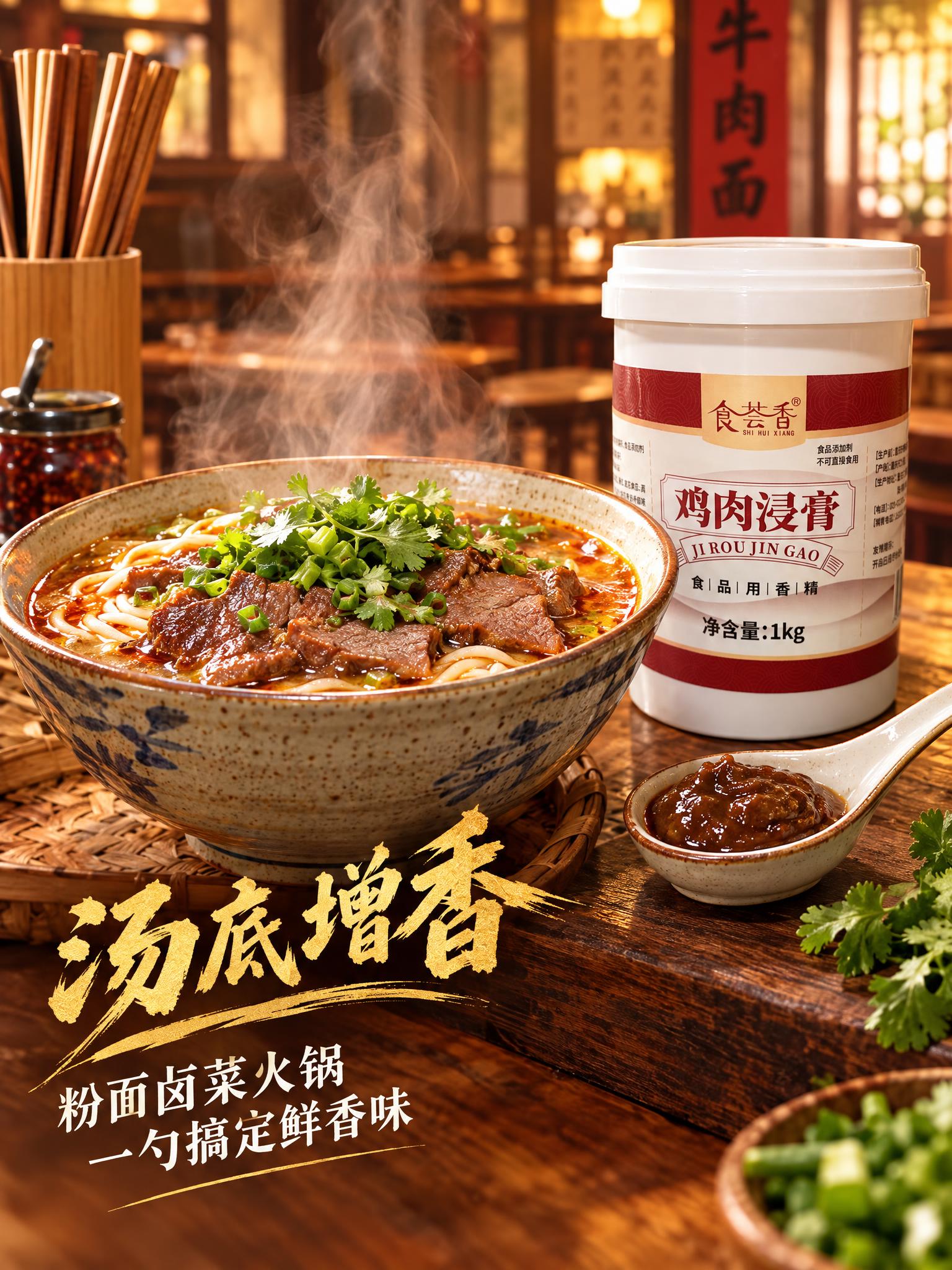 暖调市井风格餐饮主图，画面主体为一碗热气腾腾的牛肉粉面，汤色浓… - 图片创意预览