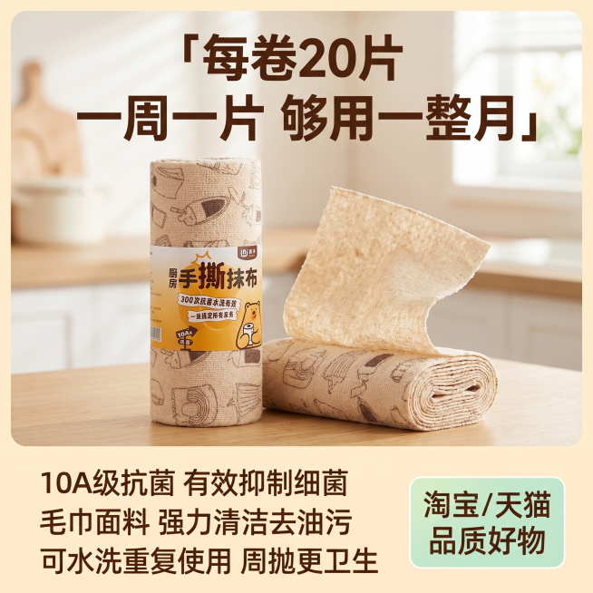 [主图-5] 手撕抹布规格卖点总结图，家居治愈风。
[氛围风格] 干净实惠感，促进行下单转化
[画质] 商业摄影质感、光线柔和通透、产品清晰真实、画面干净高级
[元素] 一卷完整的手撕抹布产品居中，旁预览效果