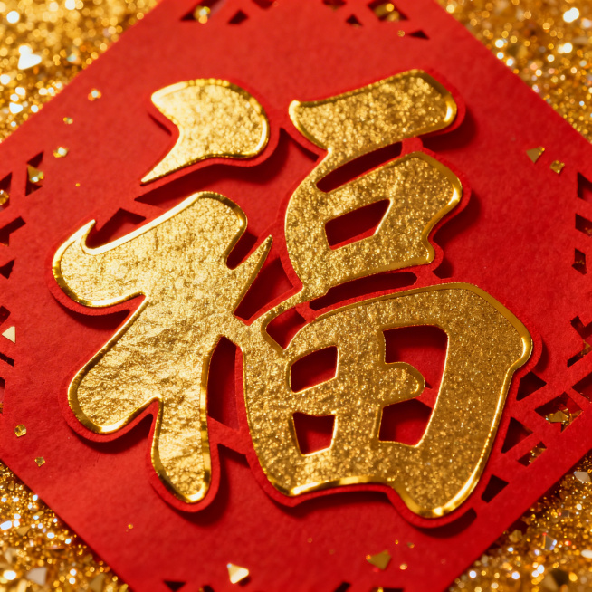 红底金福字，福字设计为镂空剪纸风格，金色边缘带有立体感，背景搭配金色碎钻纹理预览效果
