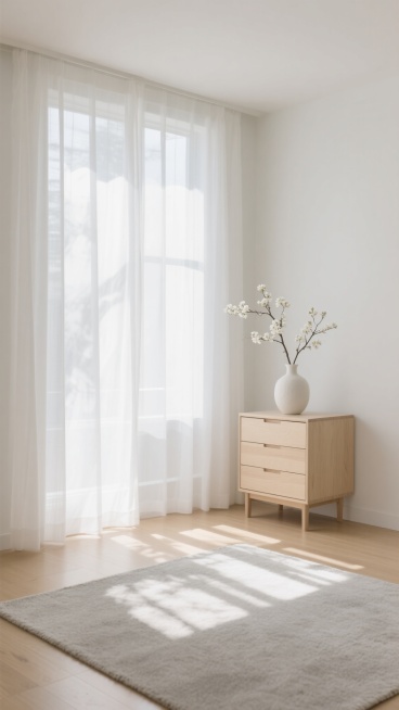 极简主义风格的居家背景，纯净的白色纱帘轻盈垂落，柔和的自然光透过窗户洒入室内，在浅色木地板上形成斑驳的光影。右侧靠墙放置着一个浅米色的木质抽屉柜，柜子顶部摆放着一个简约的白色陶瓷花瓶，里面插着几枝开满白色小花的树枝。地面铺着一块浅灰色的柔软地毯，整体色调以米白、浅灰和原木色为主，营造出宁静、明亮、舒适的氛围。光线柔和，阴影自然，质感细腻，构图简洁大方，空间感开阔。预览效果