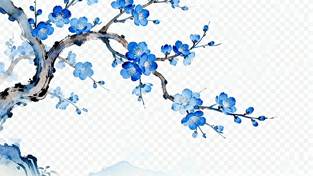 古风花枝，远景，蓝色，png，16:9，生成2张