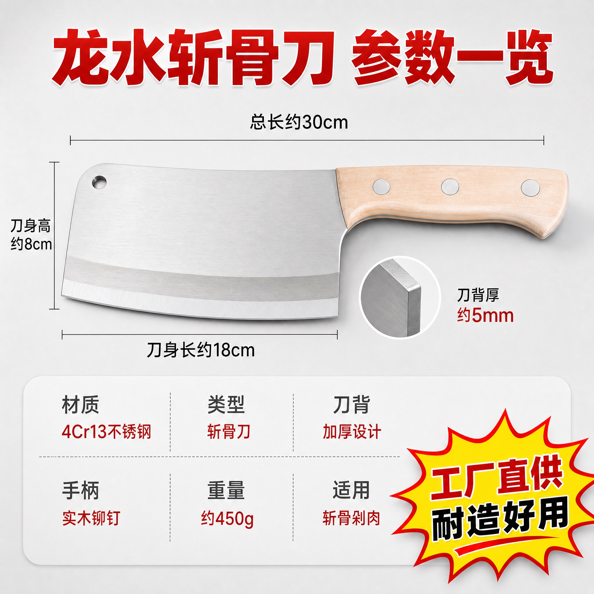 [主图-5] 龙水斩骨刀规格参数与性价比图，展示产品尺寸、材质… - 图片创意预览