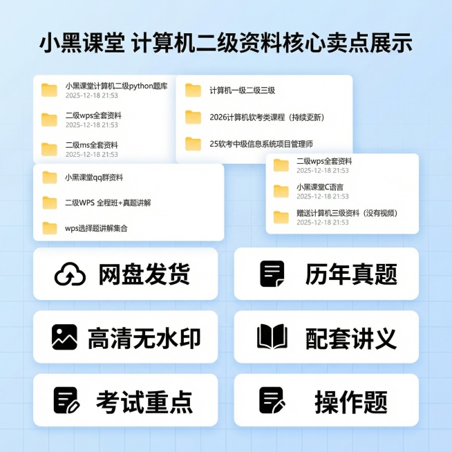 [主图 2] 核心亮点展示
[主图主题] 计算机二级资料核心卖点展示
[氛围/风格] 清爽明亮，学术质感
[画面元素] 浅蓝色渐变背景，简约低网格底纹，画面上方展示多张网盘文件夹真实截图，包含各类计算预览效果