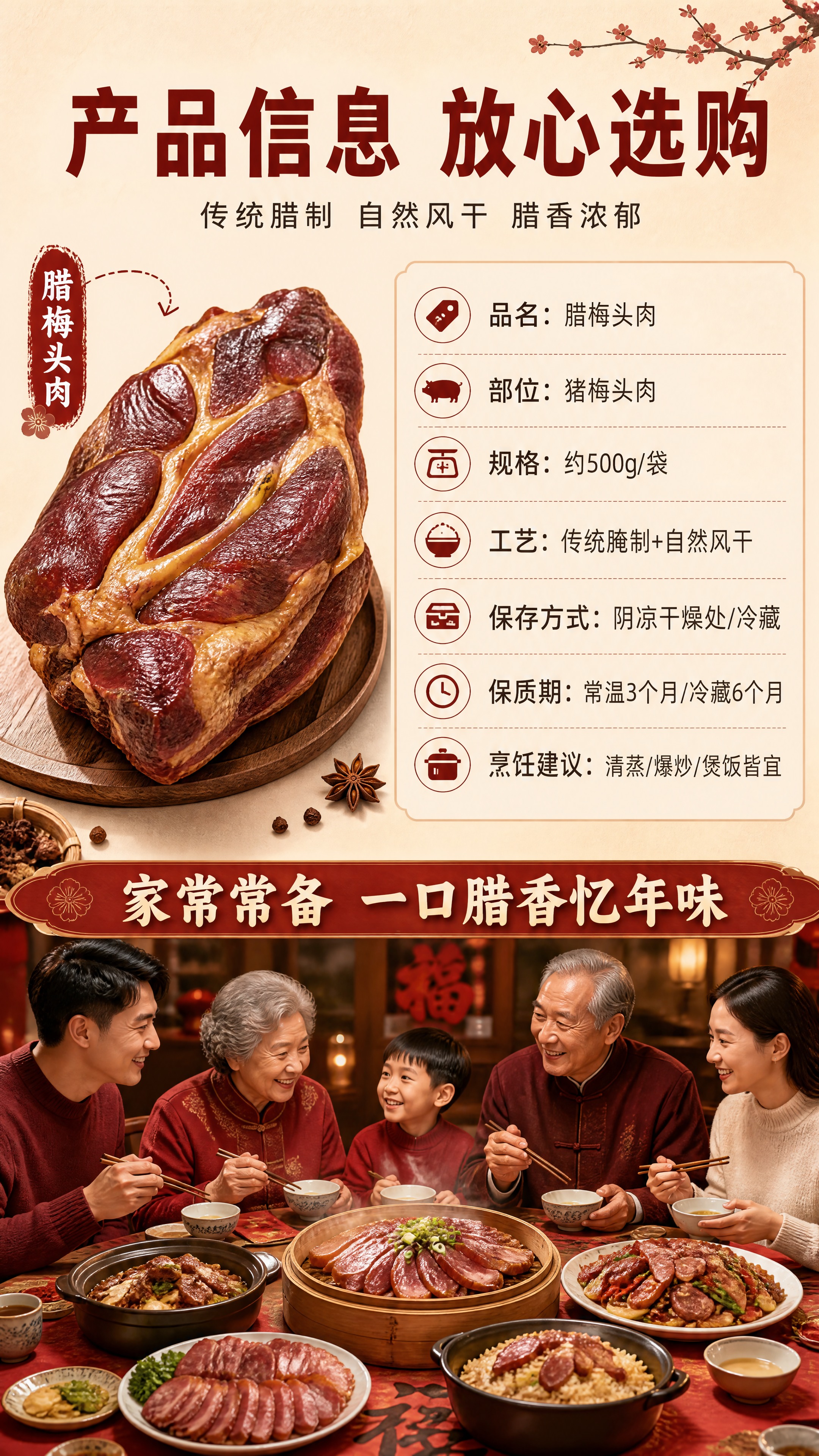 [商品] 使用【图1】生鲜猪肉为基础，改为腊梅头肉成品：肉色深… - 图片创意预览