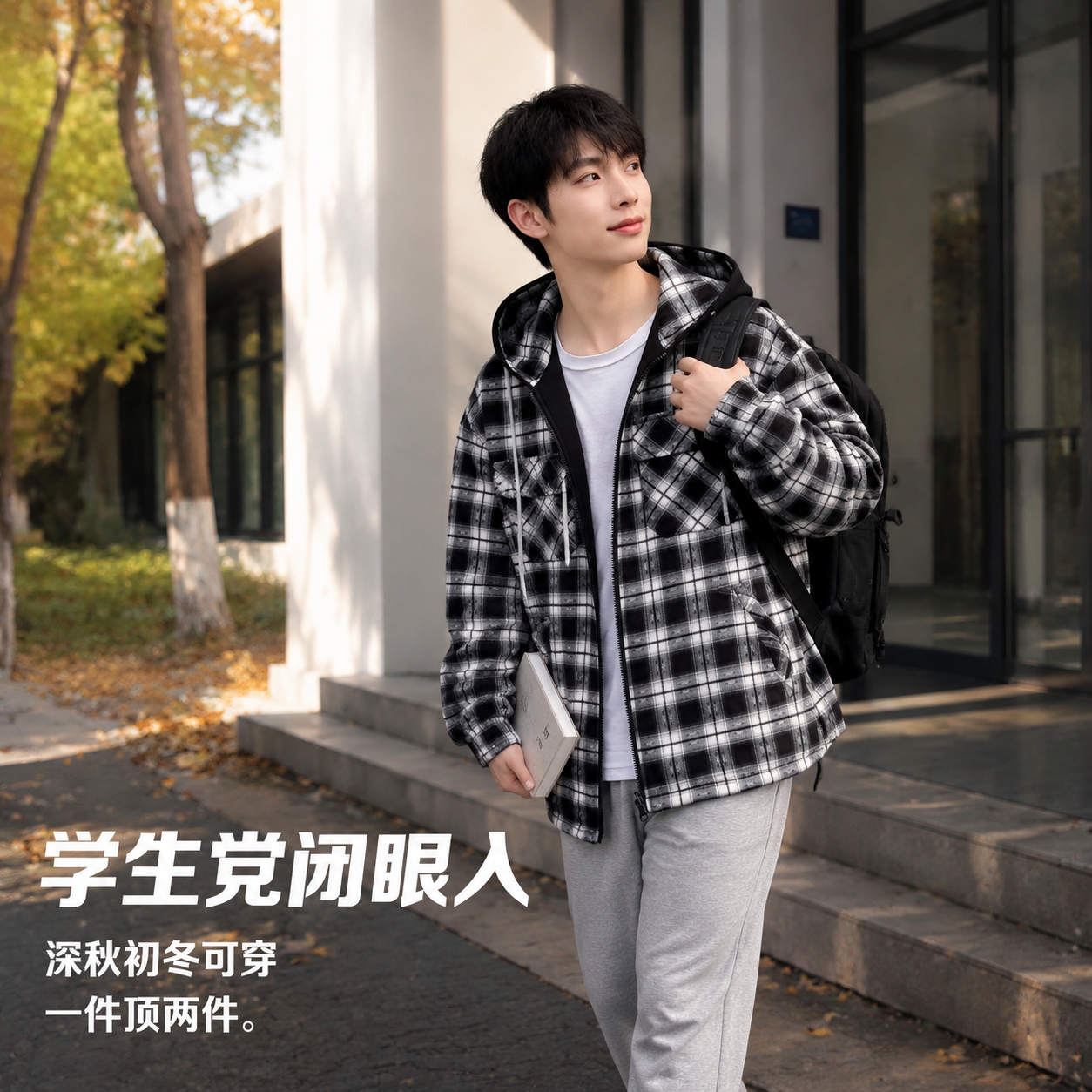 [主图-5] 主题：学生场景穿搭 深秋初冬实穿展示。唯一任务：… - 图片创意预览