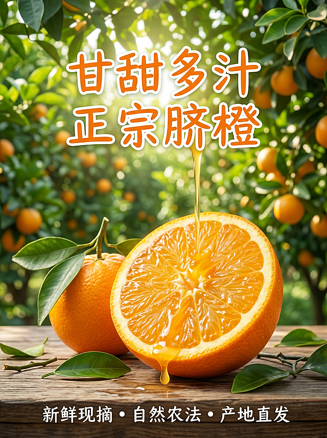 脐橙宣传海报，切开的脐橙展示鲜嫩果肉，汁水顺着果肉流下，绿色果园背景，阳光透过叶子，原生态自然风，突出新鲜现摘，海报上有文字"甘甜多汁 正宗脐橙"，风格清新诱人适合农产品推广