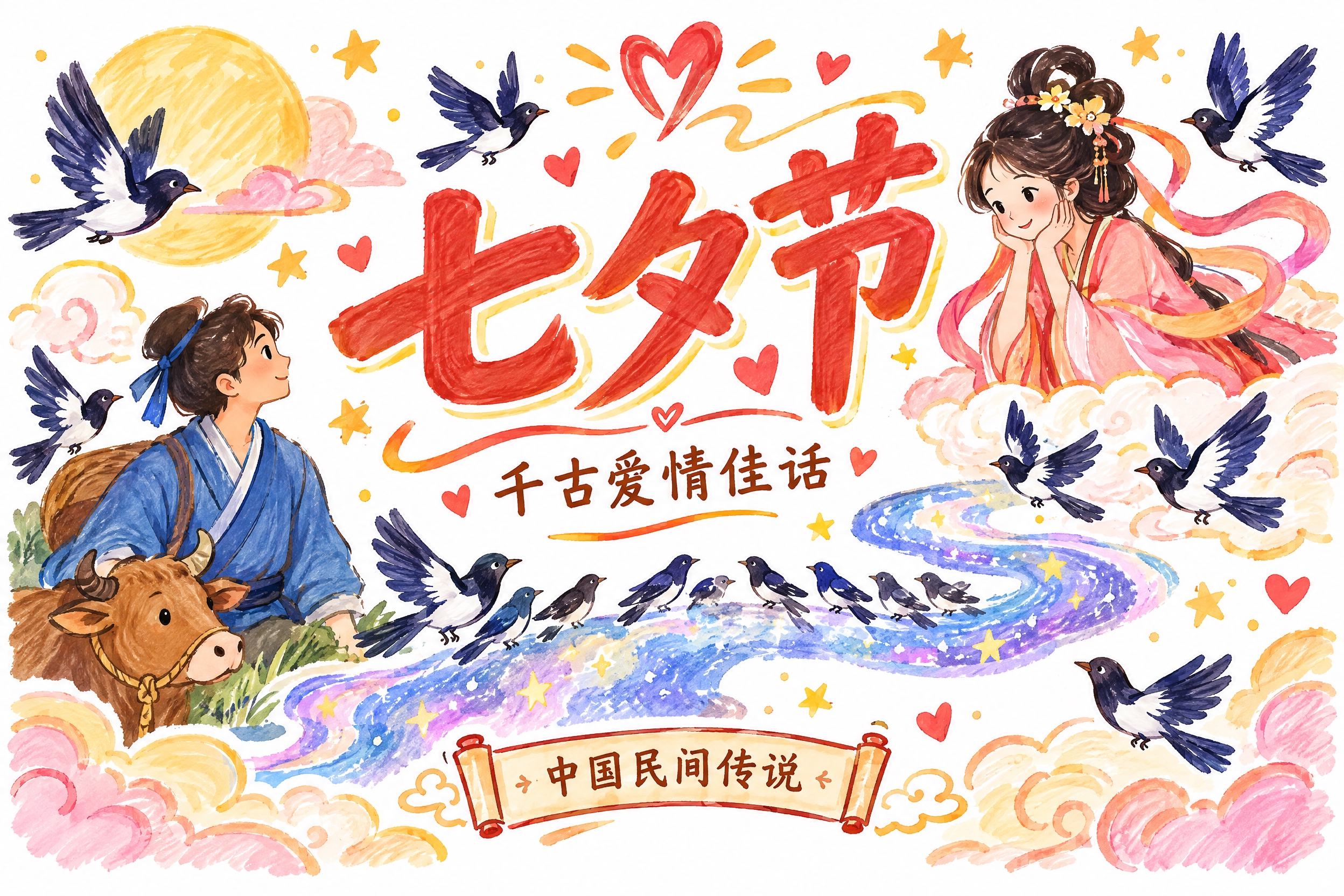 马克笔手绘风格，白底手绘风，牛郎织女故事封底页。画面中央是"七… - 图片创意预览