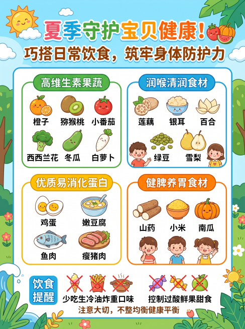 卡通风格科普海报，主题夏季守护宝贝健康巧搭日常饮食，分板块展示四类推荐食材：高维生素果蔬（橙子、猕猴桃、小番茄、西兰花、冬瓜、白萝卜）、润喉清润食材（莲藕、银耳、百合、绿豆、雪梨）、优质易消化蛋白（鸡预览效果