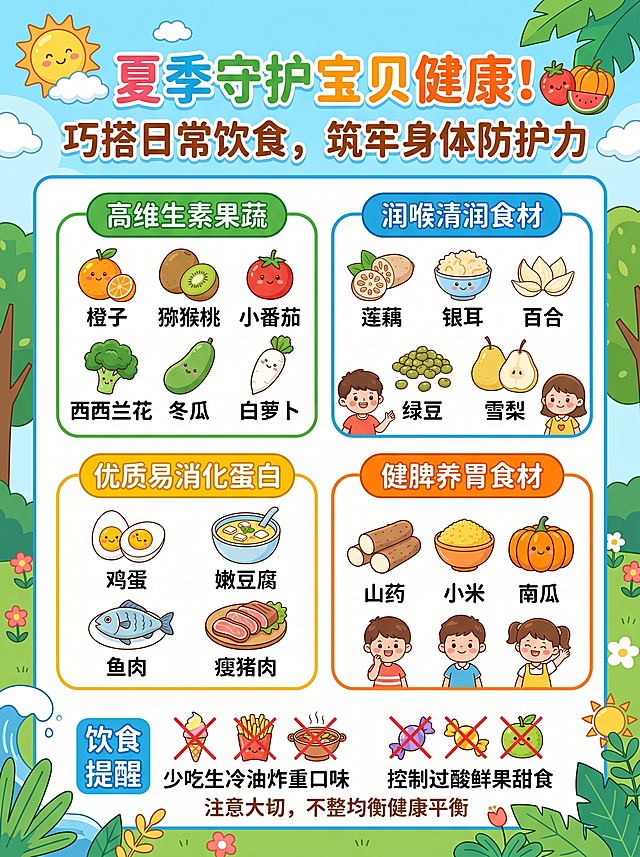 卡通风格科普海报，主题夏季守护宝贝健康巧搭日常饮食，分板块展示四类推荐食材：高维生素果蔬（橙子、猕猴桃、小番茄、西兰花、冬瓜、白萝卜）、润喉清润食材（莲藕、银耳、百合、绿豆、雪梨）、优质易消化蛋白（鸡蛋、嫩豆腐、鱼肉、瘦猪肉）、健脾养胃食材（山药、小米、南瓜），同时标注饮食提醒：少吃生冷油炸重口味，控制过酸鲜果甜食，清新明快夏日风格，包含主标题"夏季守护宝贝健康！巧搭日常饮食，筑牢身体防护力"