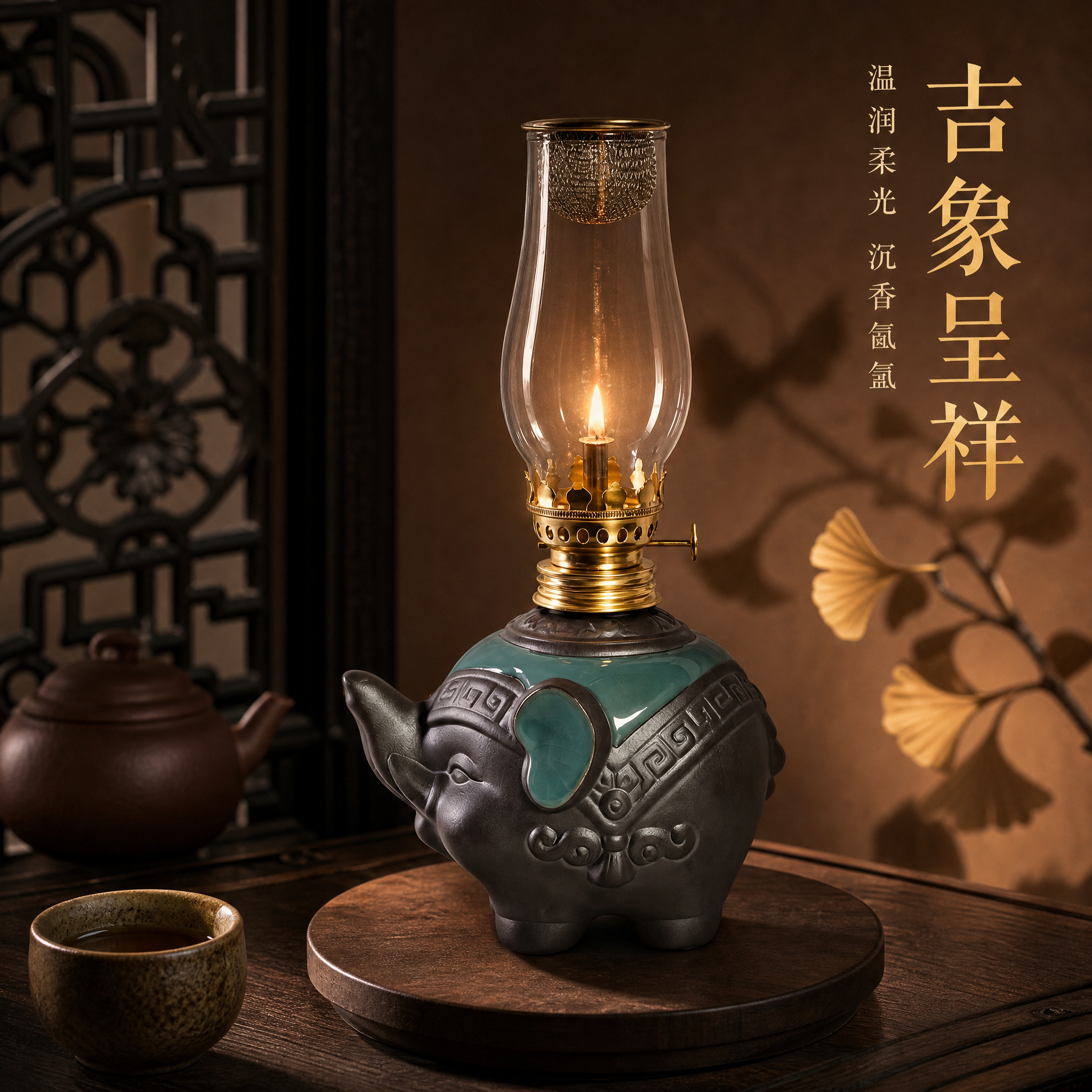 新中式暗调氛围摄影风格主图。吉象酥油灯放置在深胡桃木案几中央的… - 图片创意预览