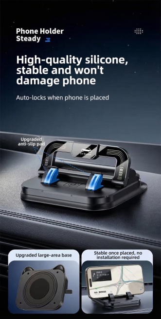 将图中所有中文替换为英文：'High-quality silicone, stable and won't damage phone'；'Auto-locks when phone is placed预览效果
