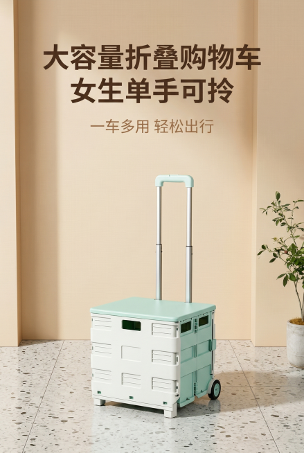 严格还原参考图中薄荷绿+白色折叠购物车设计、包装细节、配色、LOGO位置，精准复刻所有细节无偏差。主标题为"大容量折叠购物车 女生单手可拎"，位于画面上1/3居中，字体为简约无衬线体，字号最大，颜色为预览效果