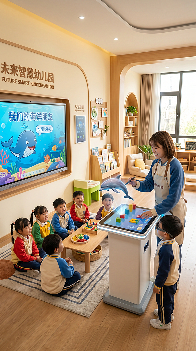 未来智慧幼儿园教室，年轻学前教育教师用AI互动大屏给小朋友们上课，智能讲台搭配AR教具，明亮温馨的暖色调，充满科技感的儿童友好空间，学前教育未来职业场景宣传图
