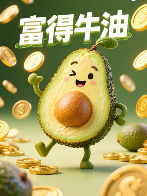 创意水果海报，拟人化牛油果带表情动作，艺术字标题“富得牛油”醒目，旁边有很多金币，搞怪活泼的创意营销风格预览效果