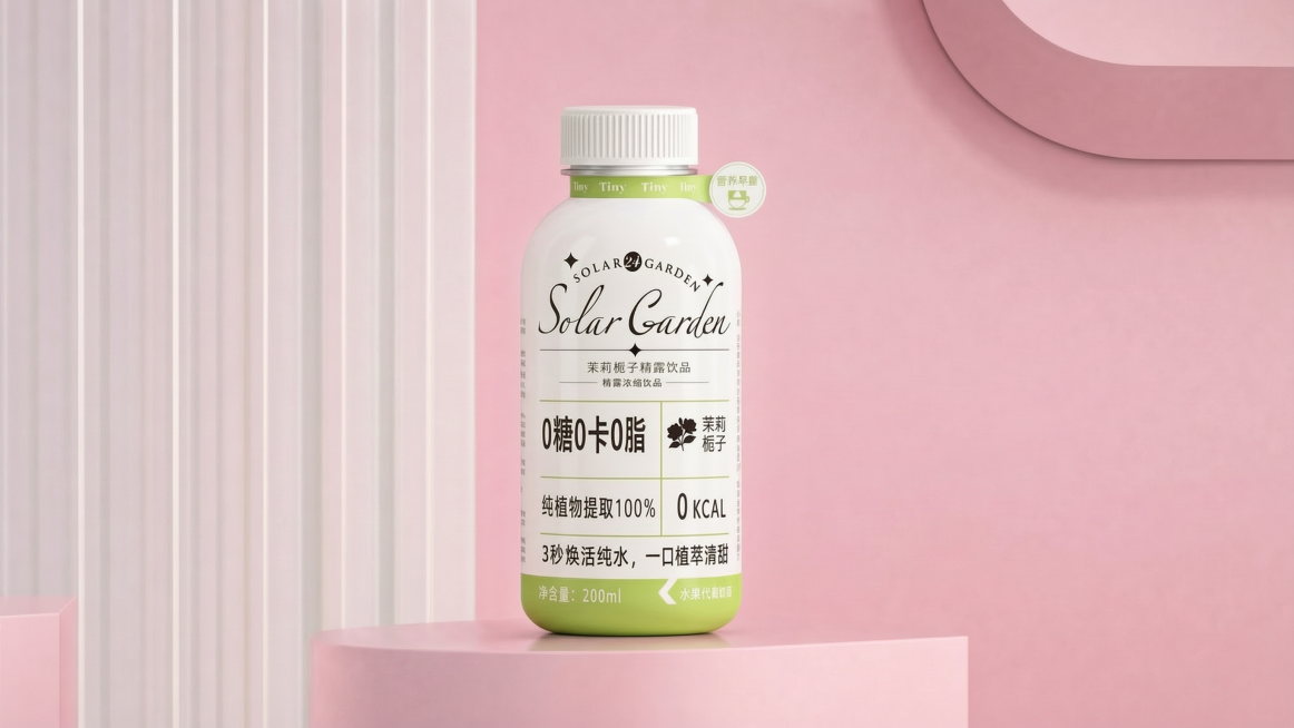 将图二左半部分的设计替换到图一的外瓶包装上，严格使用图二左半部分的文字设计，保留图一的瓶子造型和整体粉色场景，配色参考图一，保证文字高清晰度，生成16:9比例的图片预览效果