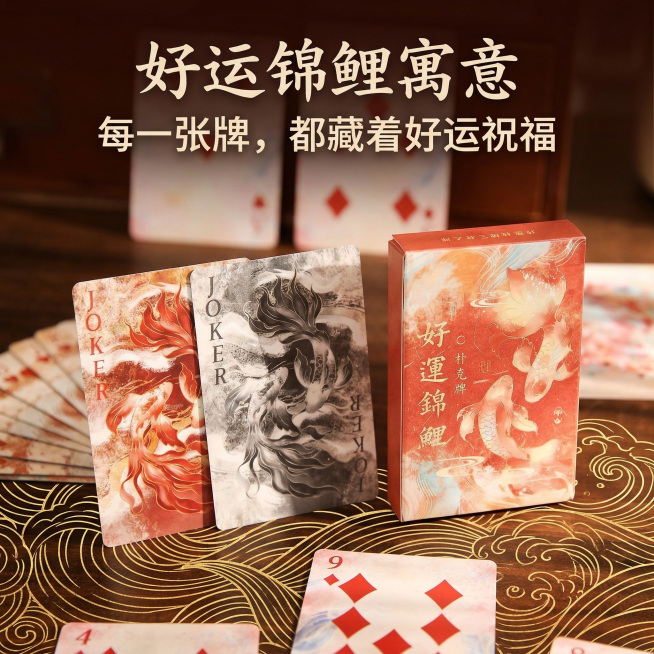 1:1 竖版电商主图，严格还原上传的好运锦鲤国风扑克牌产品图，包括朱红包装、水墨锦鲤插画、金色 “好运锦鲤” 文字、品牌标识等所有设计细节，产品外观必须与参考图完全一致，不得改变包装设计、配色方案或品预览效果
