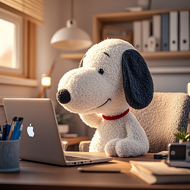 可爱卡通小狗拟人化办公，温馨桌面设计，营造轻松工作氛围。