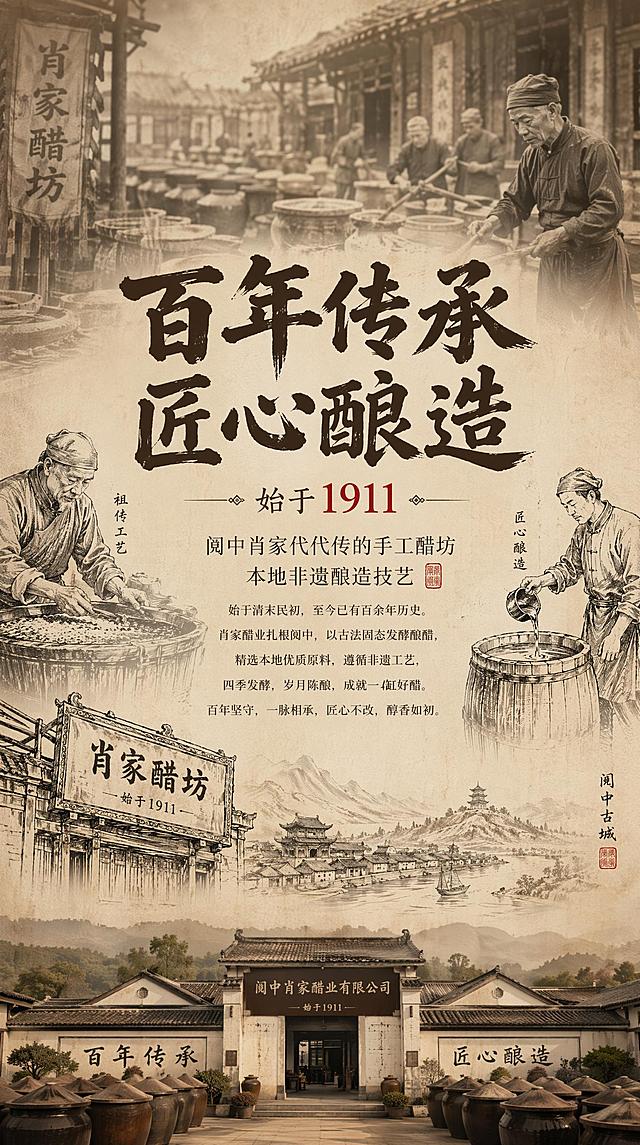 [第8屏] 品牌底蕴阆中肖家醋业百年传承页。
[氛围/风格] 复古民国历史感，突出百年老字号传承底蕴。
[元素布局] 复古民国老照片做虚化背景，内容为老作坊、老一辈匠人黑白复古手绘；居中文字叙事品牌历史：始于1911，阆中肖家代代传的手工醋坊，本地非遗酿造技艺；穿插品牌老招牌线描插画、古城阆中山水简笔画；底部展示工厂实拍图，做柔和复古调色，整体历史感浓厚。
[光影质感] 背景虚化柔光，前景文字和插画清晰突出，整体明暗层次过渡自然，突出叙事感。
[配色色系] 背景低饱和复古棕调，文字深酱黑，红色点缀品牌年份，保持全套统一复古暖调风格。
[视角构图] 从上到下：背景→品牌故事→插画→底部工厂实拍，叙事动线清晰。
[文字版式] 大标题粗楷复古字「百年传承 匠心酿造」，正文宋体品牌叙事文字，字体风格保持全套统一，排版疏密得当，不拥挤。
[比例分辨率] 宽度750px，高度1334px，9:16 竖版比例，4K分辨率，文字清晰可辨，高清画质。
[负向提示词] 背景杂乱，文字错乱，现代建筑乱入，颜色高饱和刺眼。