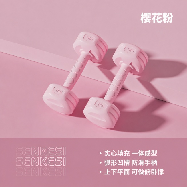 将樱花粉哑铃图片调整为1:1比例，重新排版版面，保证哑铃产品、所有文字内容都不变形，保持哑铃位置合理，文字排版协调美观，保持原有的粉色调风格不变，调整后文字依然清晰可读。预览效果