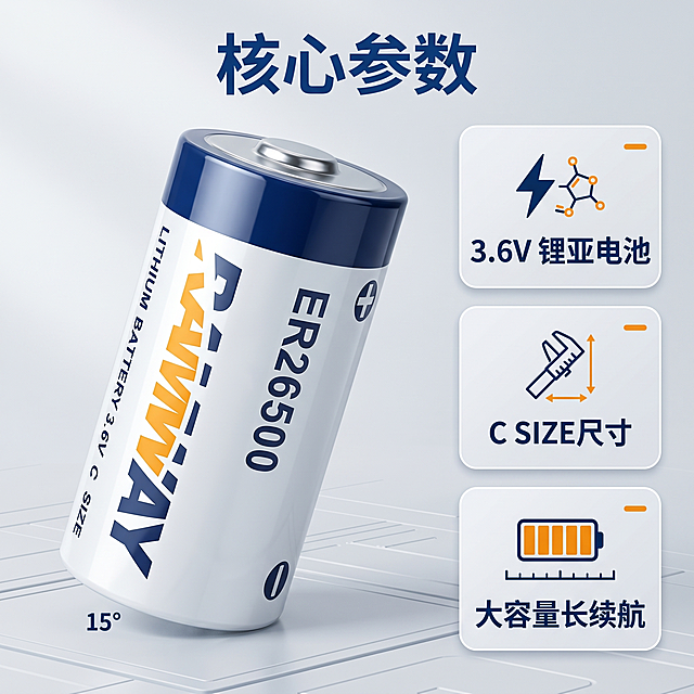 [主图 2] 睿奕ER26500锂电池核心参数亮点展示
[氛围风格] 专业3C数码科技风格，简洁高级质感
[画质] 商业摄影质感，光线柔和通透，产品清晰真实，画面干净高级
[元素] 睿奕ER26500锂电池倾斜15°放置在左侧，保持产品外观（物理结构、材质质感、颜色）与输入产品图绝对一致，杜绝任何变形和色差，精细化处理。右侧采用Bento栅格风格分三卡片展示核心卖点，每个卡片配图标和文字说明，背景为浅灰渐变科技感台面。产品主体占比约50%，画面满屏无边框
[光影] 冷调影棚布光，主光从左前方打来，产品边缘有清晰高光带，金属顶盖反射光泽，卡片区域光线均匀柔和，整体明暗清晰，科技感强
[配色] 主色调浅灰，文字和图标使用深蓝和橙色，和产品本身配色呼应，对比清晰
[视角构图] 平视视角，产品和卡片分区明确，整体构图平衡舒适
[文字版式] 顶部主标题 "核心参数" 深蓝色粗体；三个卖点卡片，从上到下依次：1. 「3.6V 锂亚电池」图标+文字，2. 「C SIZE尺寸」图标+文字，3. 「大容量长续航」图标+文字；每个卡片圆角设计，浅灰色背景，深蓝色文字，排版整齐，信息清晰。文字不遮挡主体
[比例分辨率] 1:1 比例，2k 分辨率，文字清晰锐利，画面超高清
[负向提示词] 变形，水印，文字错乱，产品图模糊，背景杂乱，牛皮癣，遮挡主体