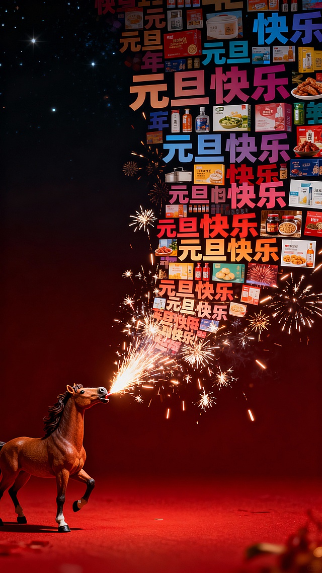 3D微缩艺术风，马喷烟花引爆“元旦快乐”拼贴墙，粒子特效与节日元素交织，喜庆梦幻，视觉冲击力强。