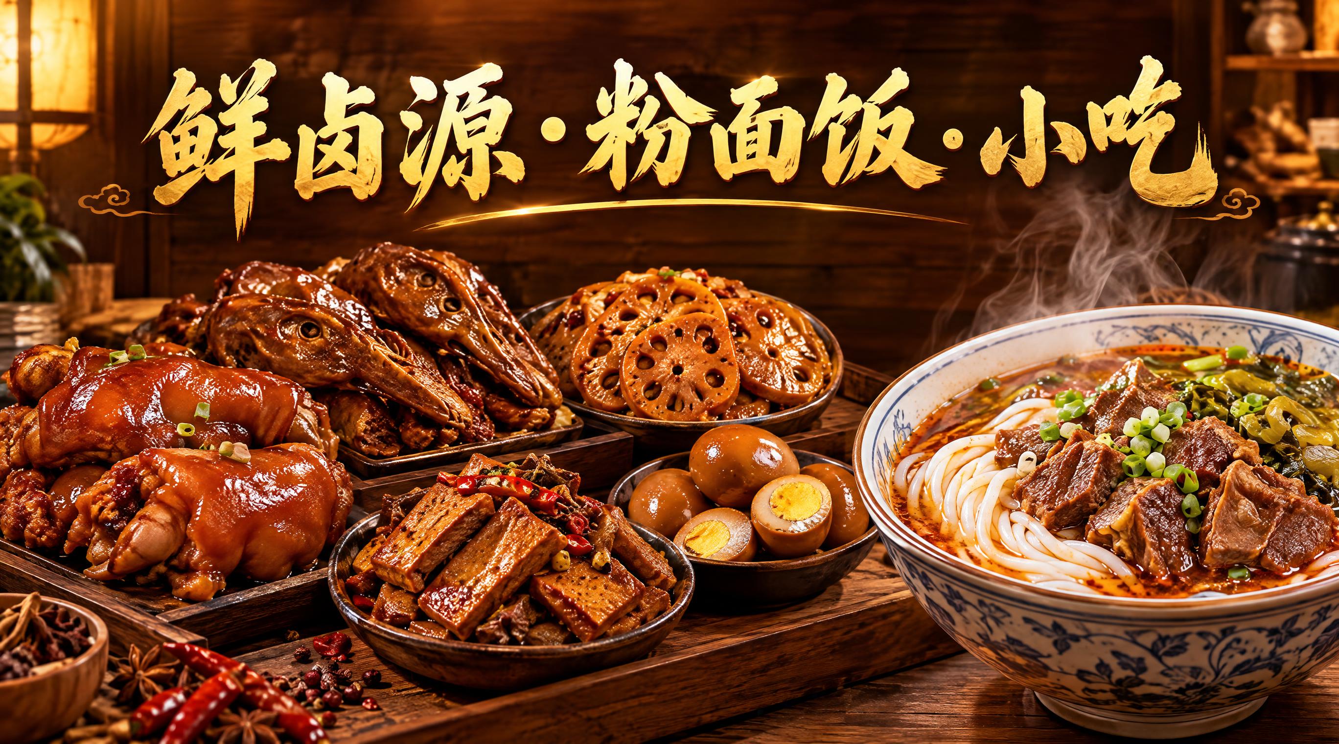 餐饮店铺店招设计，店名"鲜卤源·粉面饭·小吃"大字醒目居中，字… - 图片创意预览