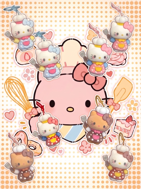 将四个Hello Kitty厨师挂件放到图片的四周空白位置，不要挡住中心的主体图案，保证摆放自然美观，和原图风格融合，不违和预览效果