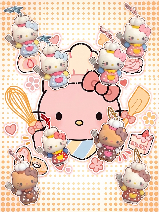 将四个Hello Kitty厨师挂件放到图片的四周空白位置，不要挡住中心的主体图案，保证摆放自然美观，和原图风格融合，不违和