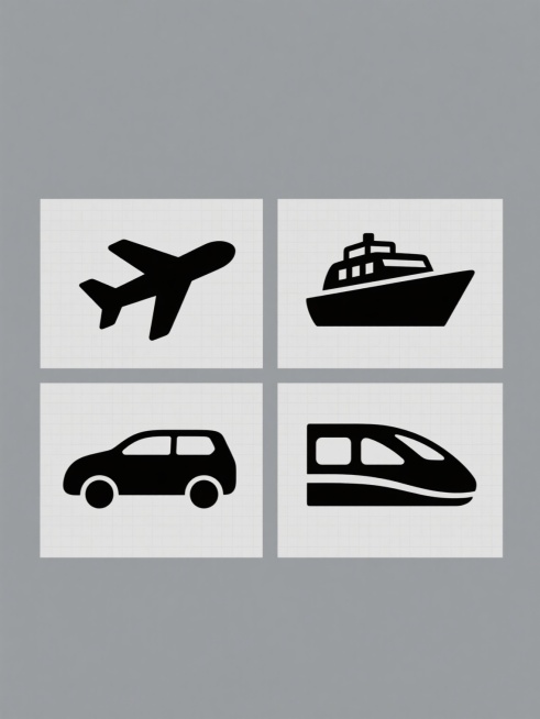 极简风格交通工具图标集合，纯色背景，包含飞机、轮船、汽车、高铁四个完全不同的黑色剪影图标，图标线条简洁流畅，边缘光滑，采用规整的网格排布，每个图标独立且清晰，整体色彩变换为统一的纯色背景与黑色图标对比，保持原有的极简设计风格和元素类目，信息传达高效直接，视觉层级分明。预览效果