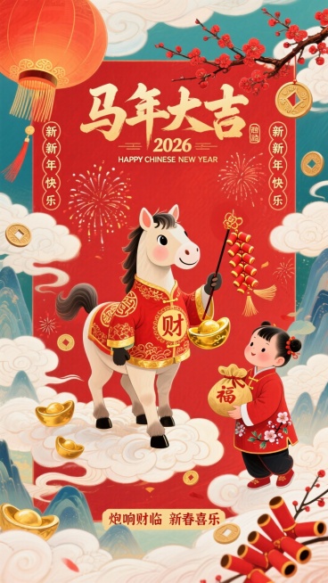 正红为底色，画面身着红金吉服的可爱拟人小马（衣饰绣 “财” 纹），小马一手持鞭炮串，另一手攥金元宝，脚站在祥云上；旁边是持福袋的孩童（红衣绣梅花），点缀挂穗灯笼、铜钱、红梅枝、烟花等吉祥元素；上方大字预览效果
