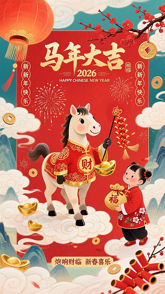国潮风插画，拟人化骏马穿唐装持金元宝，童子捧福袋，配红灯笼、烟花与剪纸元素，鎏金点缀，喜庆卡通感十足，贺2026马年新春。