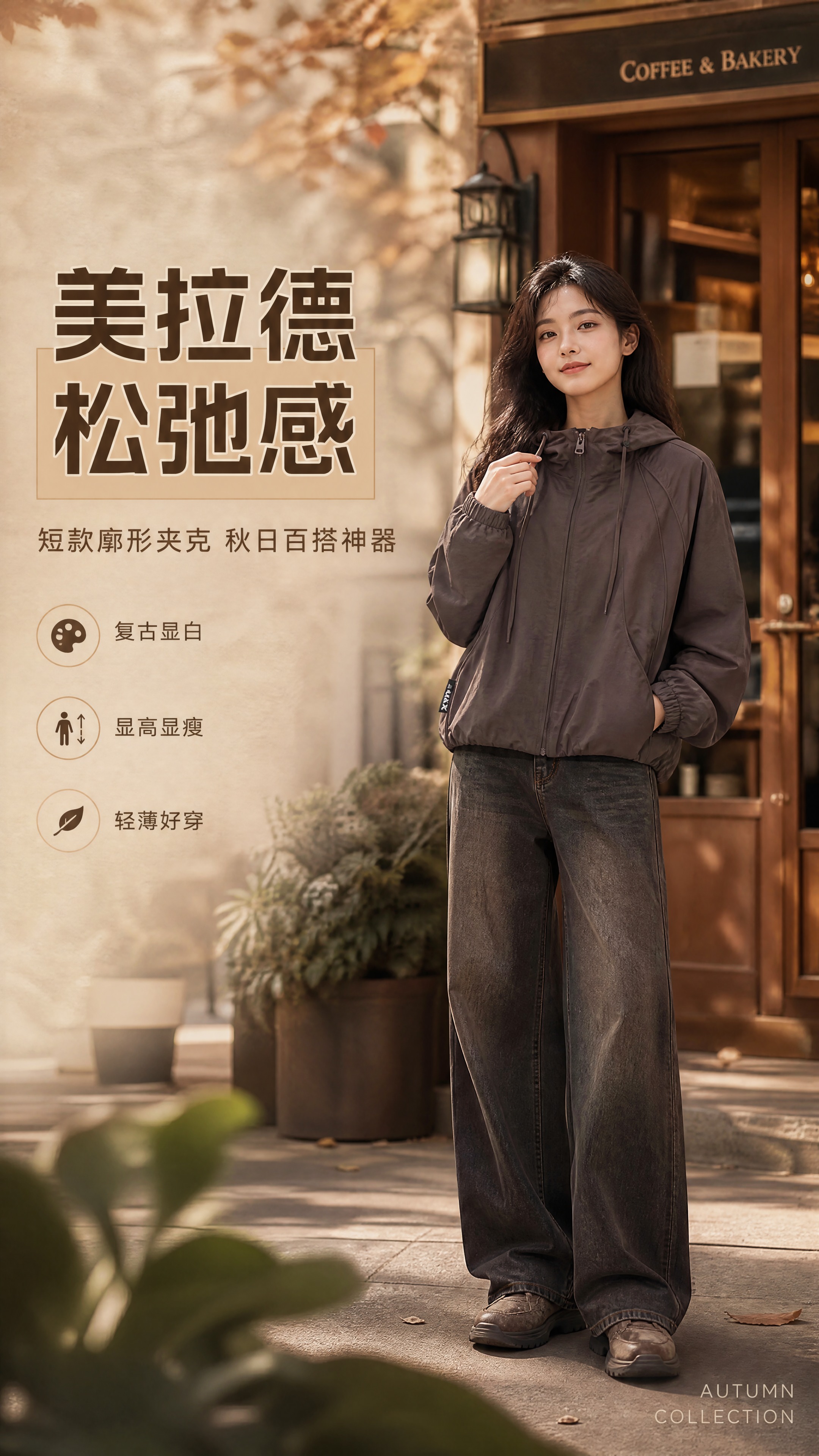 [商品] 使用【图1】深棕色连帽短款廓形夹克；商品处理：保留连… - 图片创意预览
